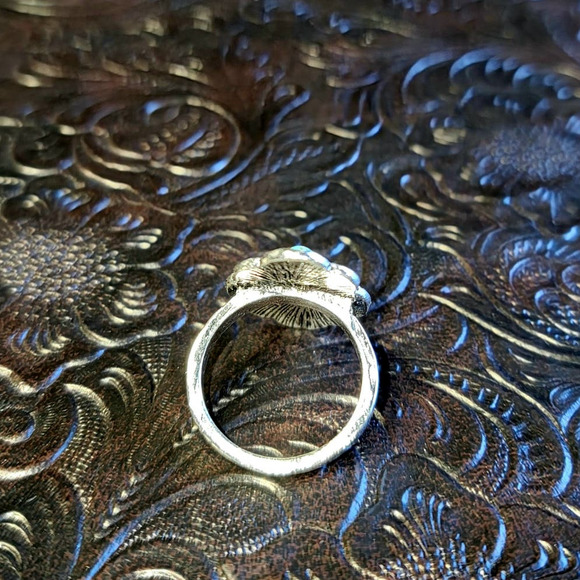 Punchy Western Turquoise Ring Antique Lightening Bolt Native Floral Burst Floral - Picture 10 of 10